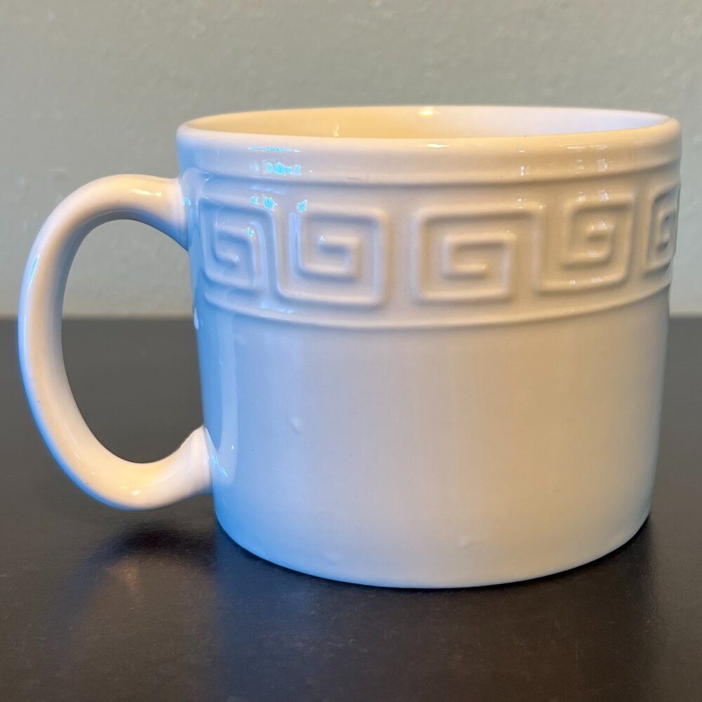 Vintage LYNNS White Stoneware Greek Key Coffee Mug 14oz Sigma 14oz Tea Cup Retro